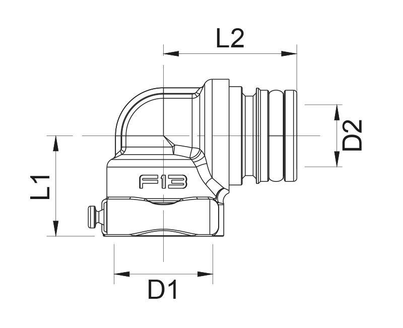disegno tecnico adattatore gomito 90 gradi F13 teco per raccordi idraulici