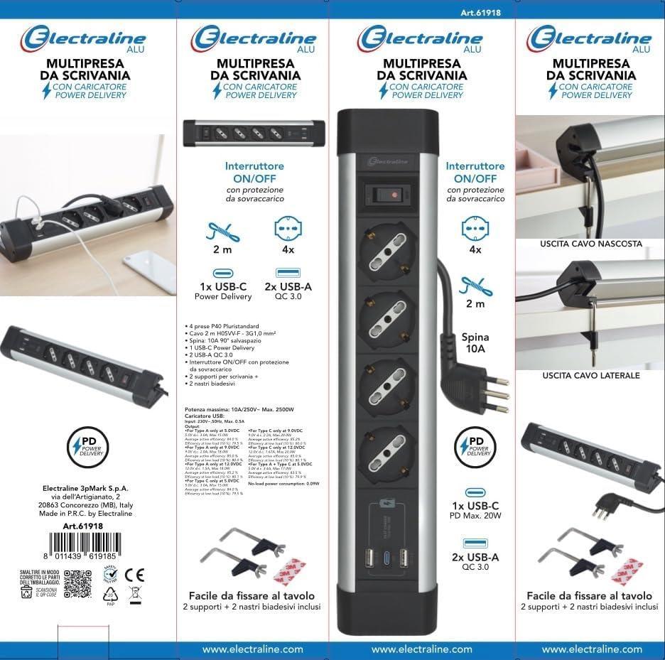 Multipresa scrivania Electraline 61918 prese universali USB