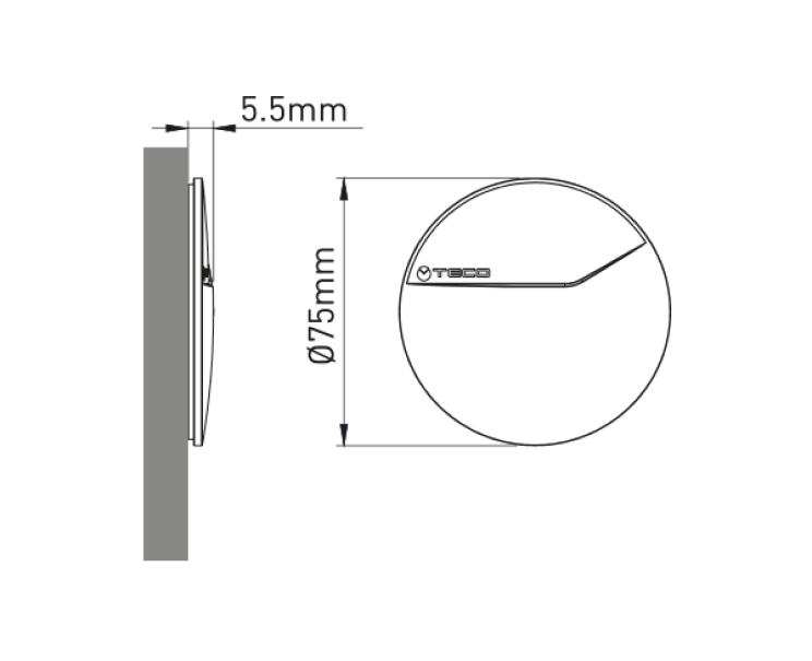 disegno tecnico comando esterno Teco ultrapiatto diametro 75 mm spessore 5 5 mm