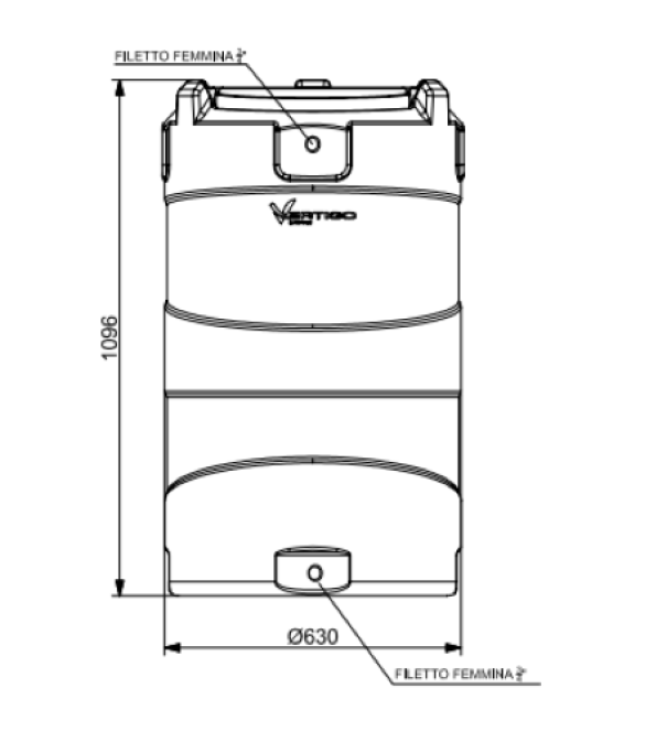 disegno dimensionale serbatoio verticale Rototec 300 litri altezza e diametro