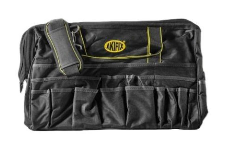 Borsa porta utensili AKIFIX in tessuto antistrappo vista frontale con tasche multiple