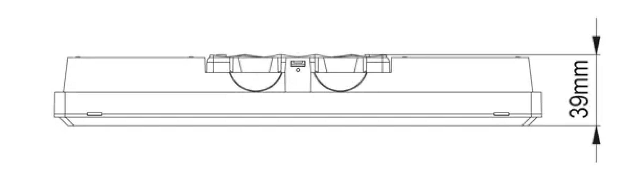 Disegno tecnico vista laterale lampada emergenza LED Beghelli IP65 3W con spessore 39 mm