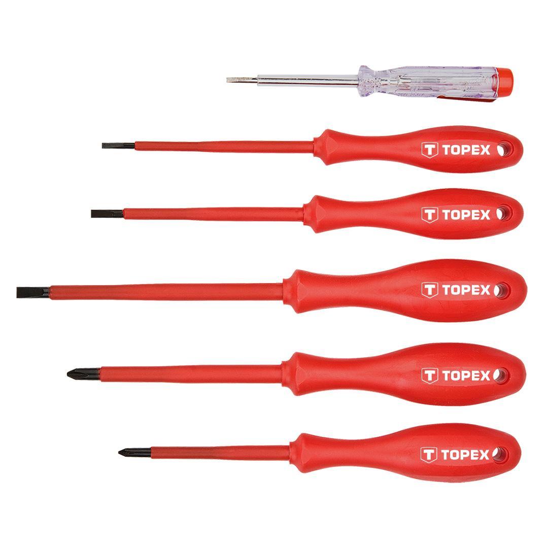 Set di cacciaviti isolati Topex 39D155 6 pezzi per elettricisti fino a 1000V con impugnatura ergonomica rossa