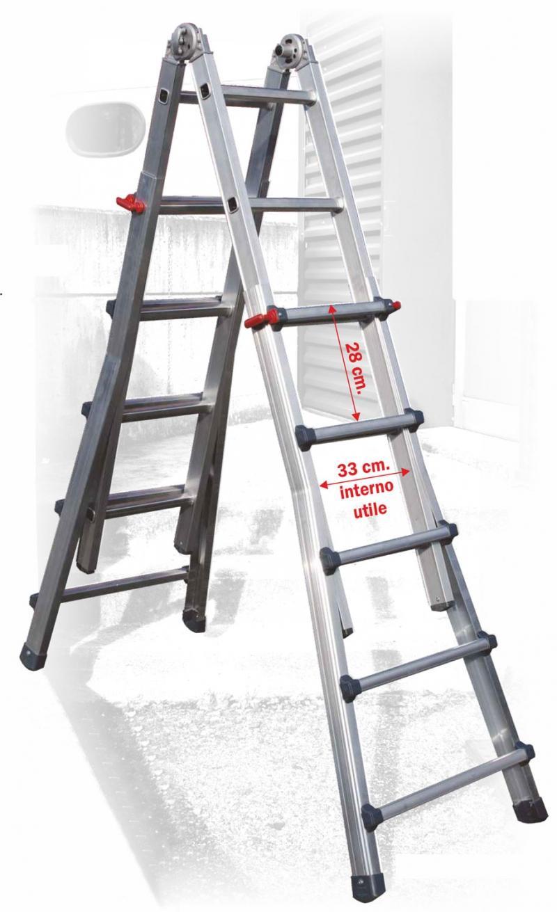 Scala in alluminio multiposizione pieghevole Frigerio, dettaglio struttura e gradini antiscivolo