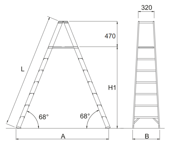 Scaletta tecnica disegno dimensionale scala doppia salita Frigerio in alluminio