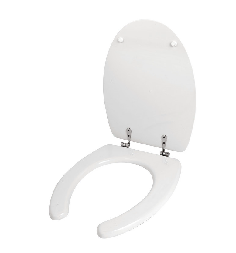 Sedile WC MDF bianco con rivestimento in poliestere e apertura frontale per vasi compatibili