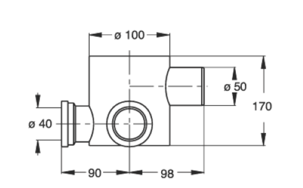 Disegno tecnico pozzetto 4 vie DN100 DN50 BAMPI con misure per scarico acque