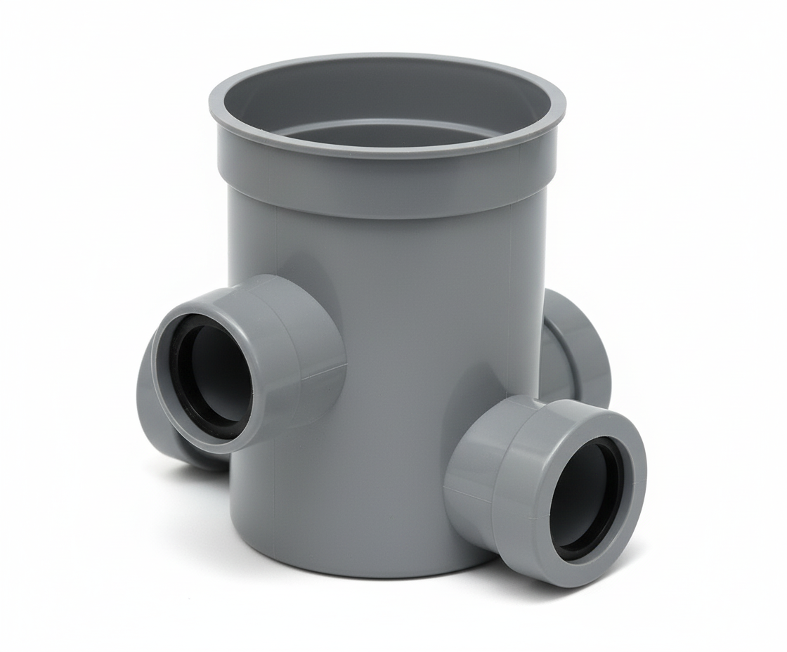 Pozzetto sifonato a 4 vie per scarico pavimento BAMPI DN100 uscita DN40 vista laterale