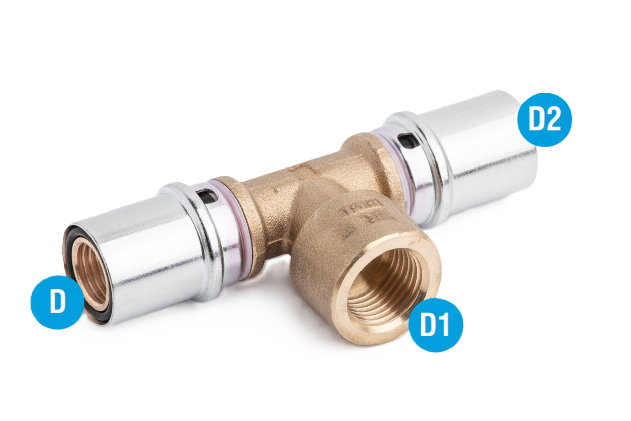 Vista raccordo a T BAMPI femmina con indicazione delle misure D D1 D2 profilo TH