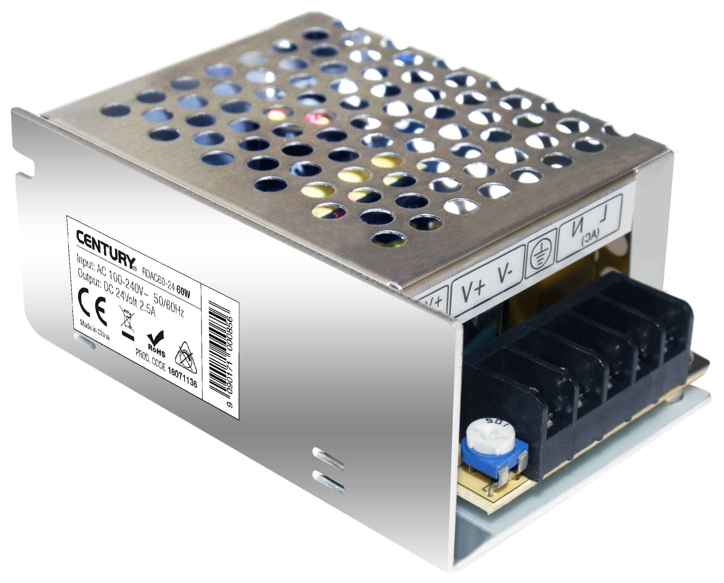 alimentatore driver led 60w 24v century rdac60-24 vista prospettica per moduli e strip led