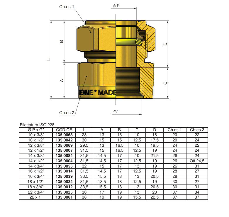 disegno tecnico raccordo diritto compressione ottone tiemme dimensioni impianto gas