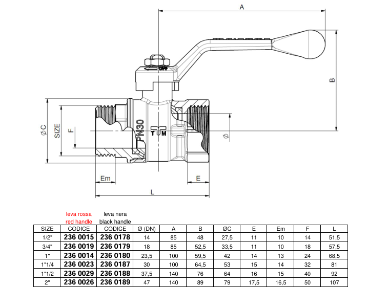 valvola idraulica Tiemme 3 4 maschio femmina leva rossa disegno tecnico dimensioni e dettagli costruttivi