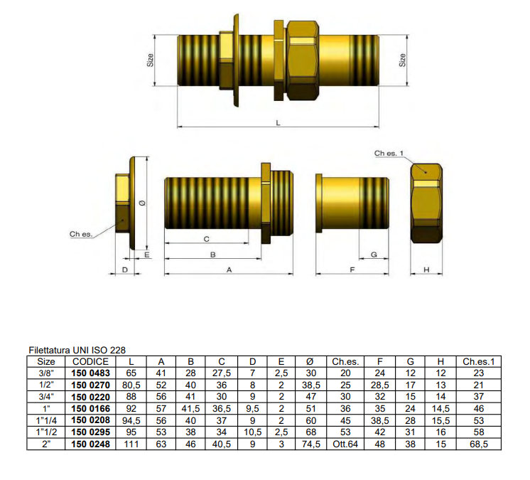 disegno tecnico raccordo diritto prolunga cassone 1 2 tiemme ottone filettatura uni iso 228