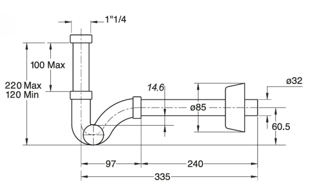 Disegno tecnico sifone cromato lavabo bidet con misure dettagliate attacco 1 1 4 uscita 32 mm