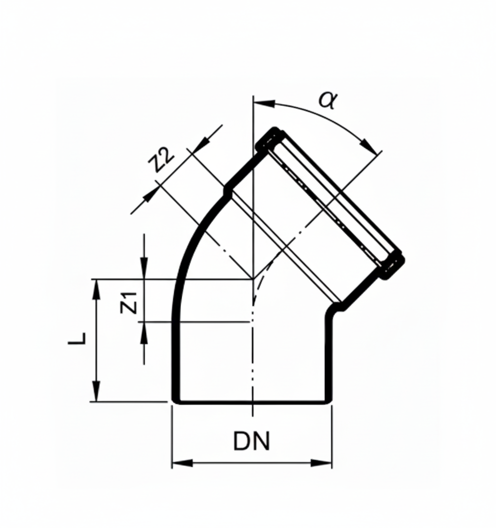 Disegno tecnico curva polipropilene 45 gradi DN 125 raccordo BAMPI scarico acqua