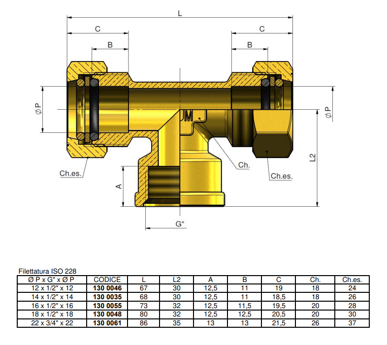 disegno tecnico raccordo t compressione tiemme per tubo rame dimensione 12 mm