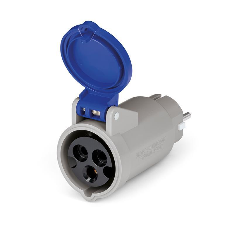 adattatore elettrico 2P T 16A 250V IP20 uso temporaneo Scame vista frontale con sportellino di protezione aperto