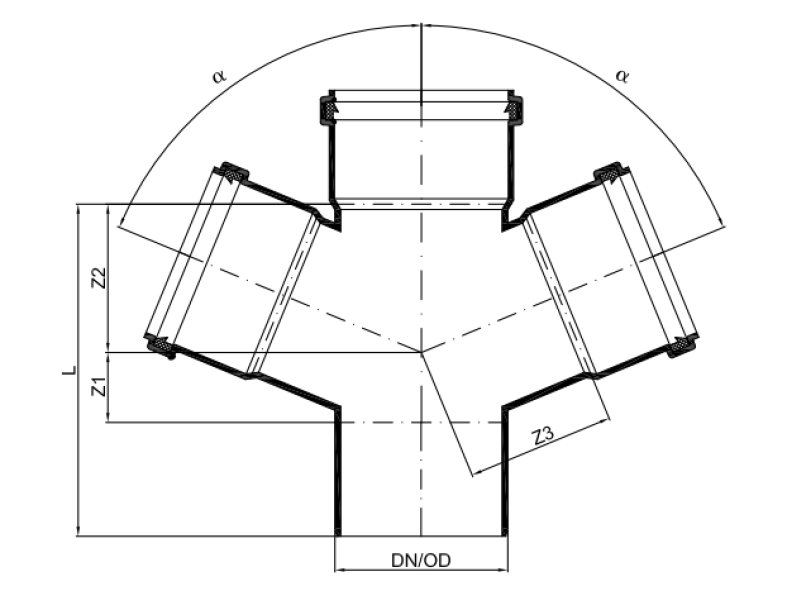 disegno tecnico braga doppia triplo attacco 90 gradi bampi scomposizione dimensionale raccordo scarico idrico