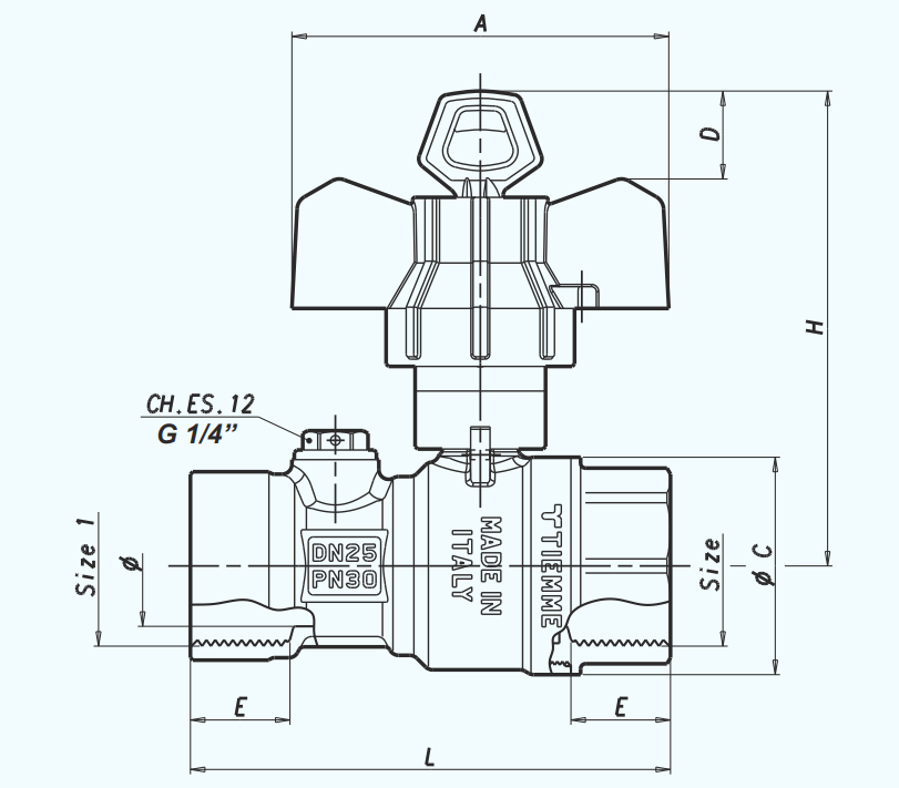 Disegno tecnico valvola post contatore gas TIEMME femmina femmina con presa pressione