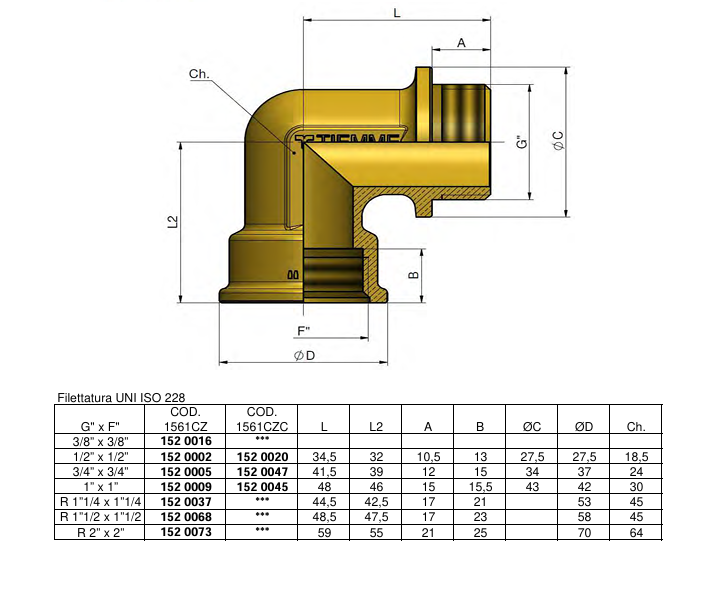 Disegno tecnico raccordo curvo maschio femmina cromato TIEMME filettatura UNI ISO 228