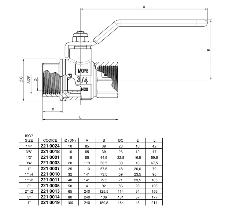 Disegno tecnico valvola a sfera passaggio totale TIEMME dimensioni e raccordi