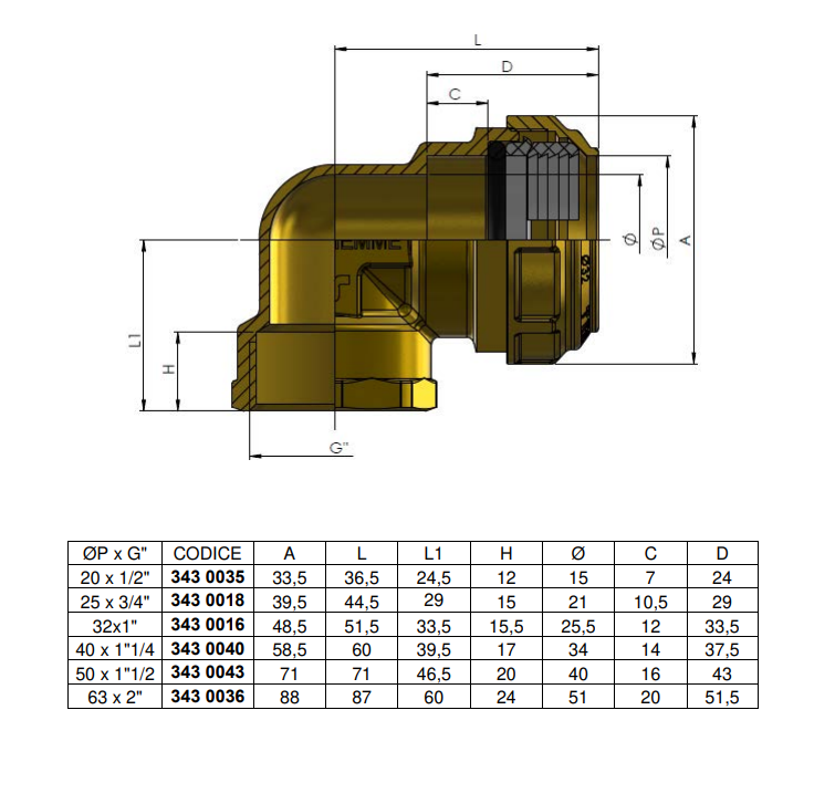 disegno tecnico raccordo curvo a compressione ogiva acetalica per tubo pe tiemme 63x2 dimensioni specifiche