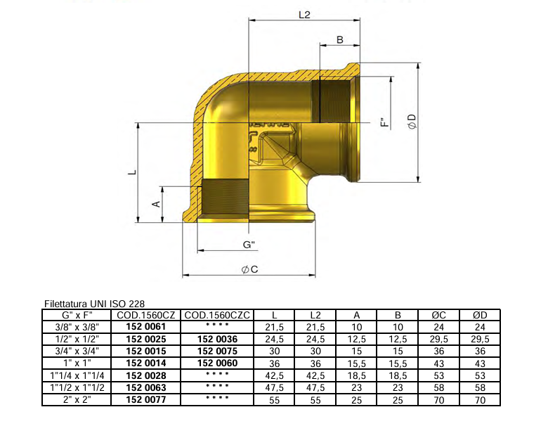 Schema tecnico raccordo curvo femmina femmina 1 1 4 in ottone CW602N