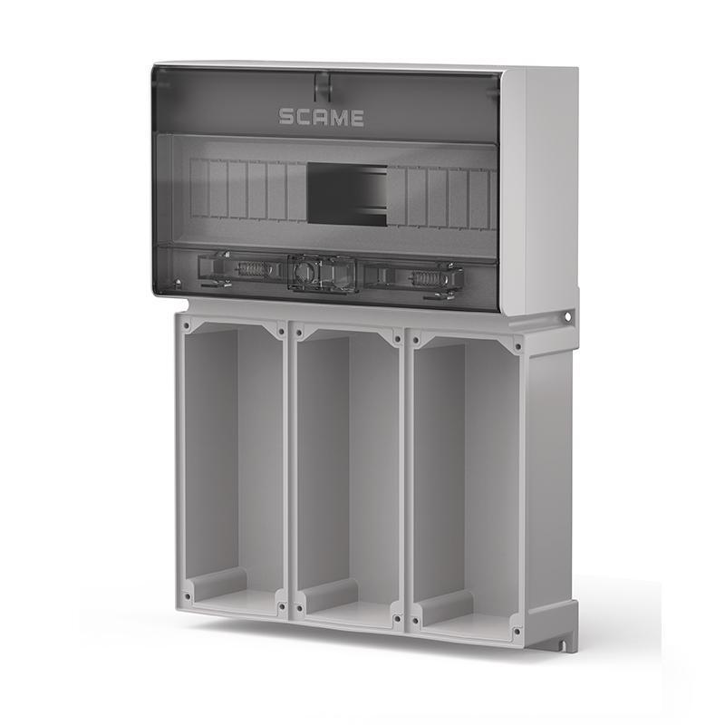 supporto modulare Scame IP65 per 3 prese 16A 32A e 16 DIN visione frontale