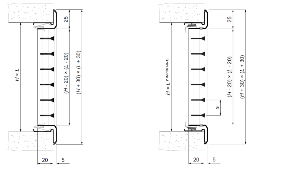 Schema tecnico installazione griglia aria alluminio Systemair 300x100 su pareti e soffitti