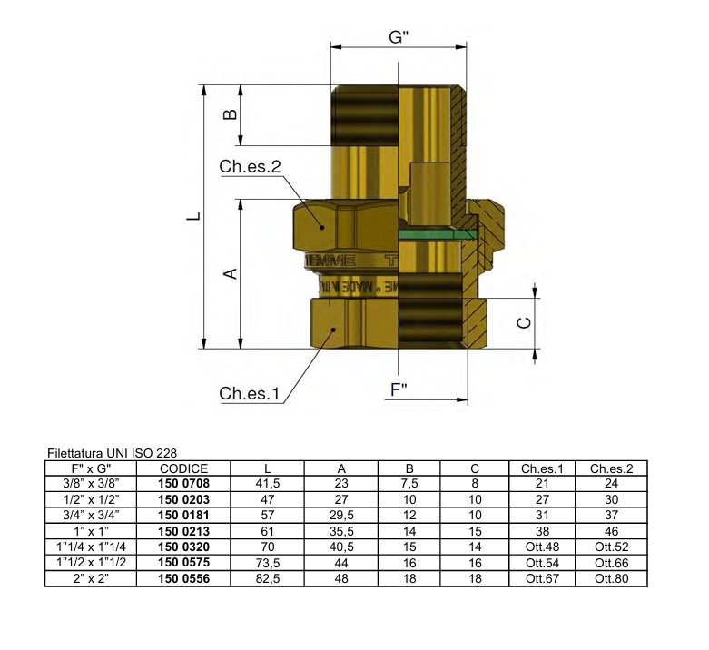 disegno tecnico raccordo tre pezzi maschio femmina ottone Tiemme
