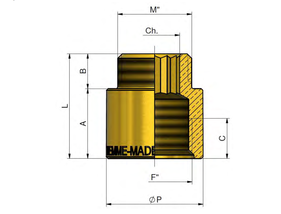 disegno tecnico prolunga filettata maschio femmina ottone attacco 3 4 L 20mm