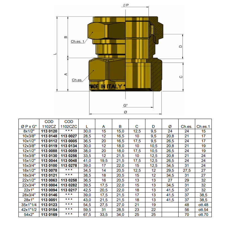 schema tecnico raccordo diritto a compressione ottone cromato tiemme con misure filettatura