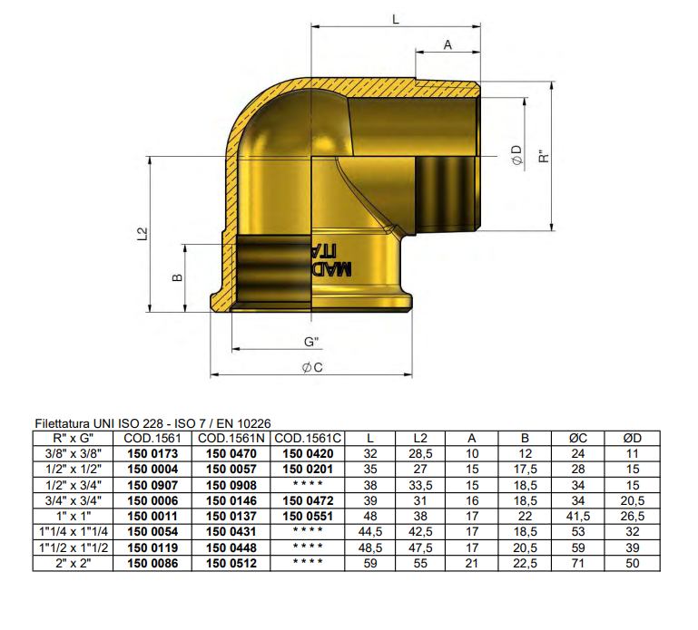 Raccordo curvo maschio femmina ottone TIEMME dettaglio tecnico dimensioni 2x2