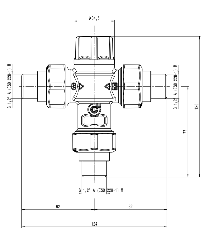 disegno tecnico valvola deviatrice caleffi dimensioni e attacchi 3 4 pollici