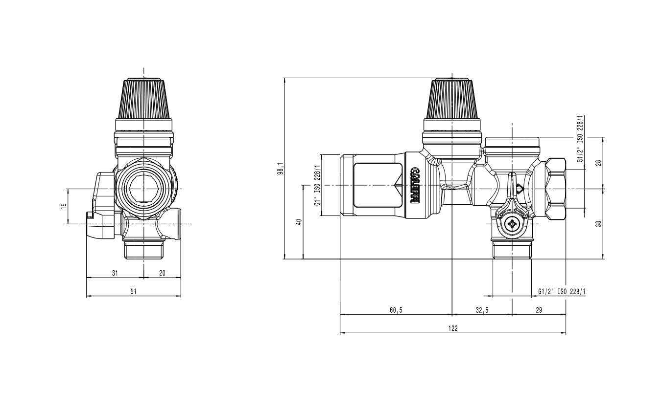 Disegno tecnico gruppo sicurezza Caleffi dimensioni attacchi e misure