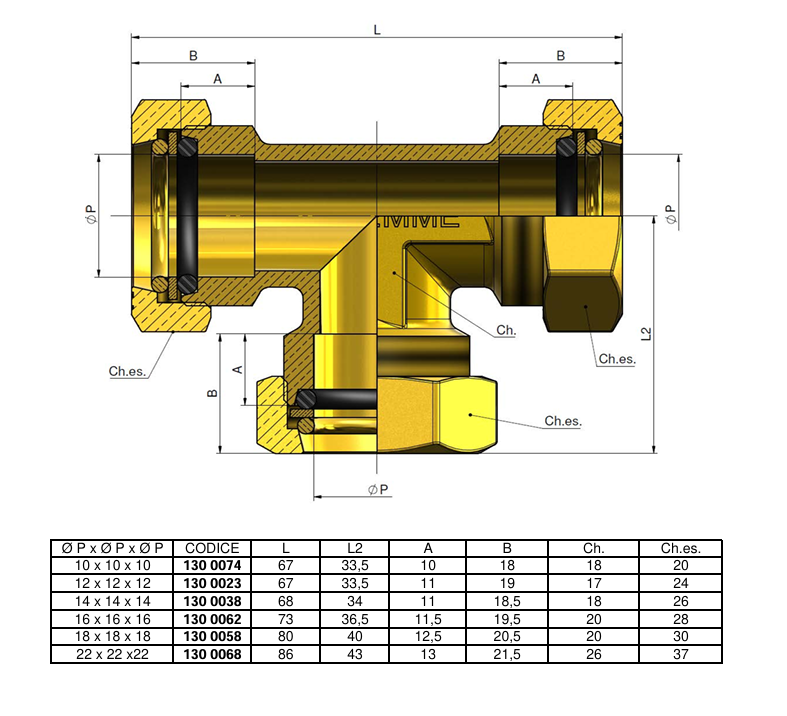 disegno tecnico raccordo a T compressione ottone oring tubo rame 14 mm tiemme