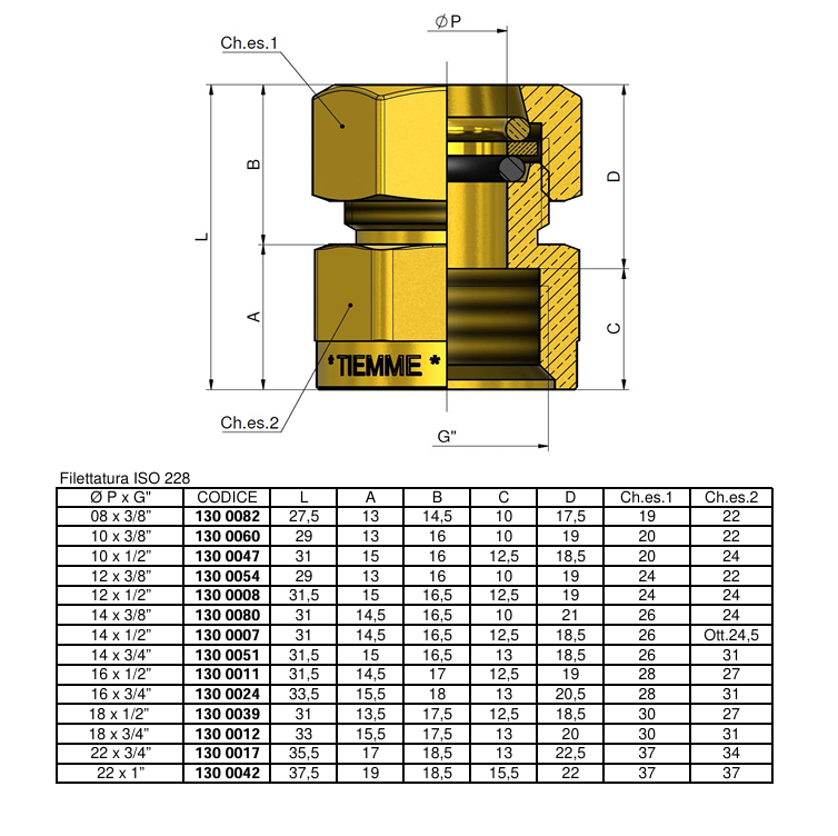 disegno tecnico raccordo diritto a compressione TIEMME con misure e tabella dimensioni