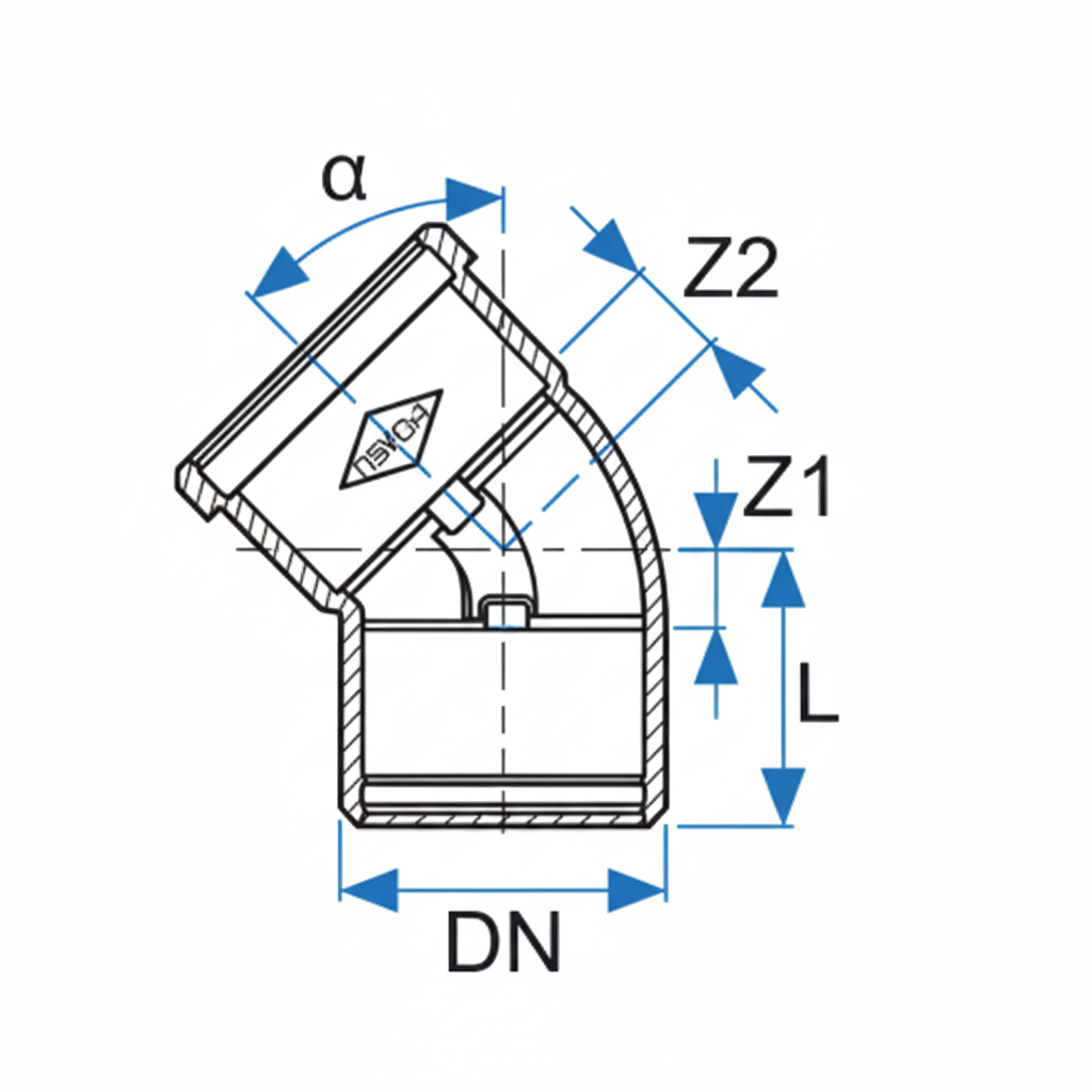 schema tecnico curva scarico ultra silent pvc 45 gradi dn 75 bampi