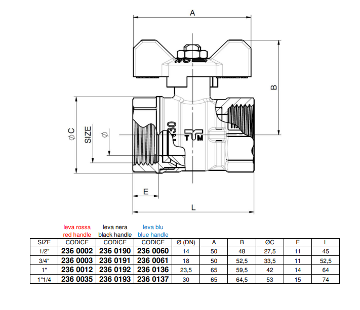 Disegno tecnico valvola a sfera femmina femmina Tiemme 1 pollice con misure dettagliate