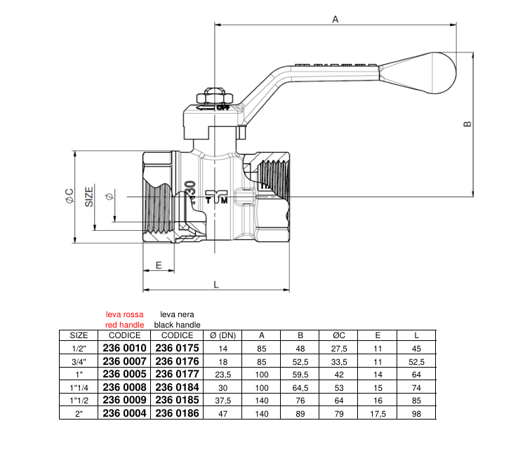 disegno tecnico valvola a sfera standard nichelata femmina femmina tiemme dimensioni e tavola codici