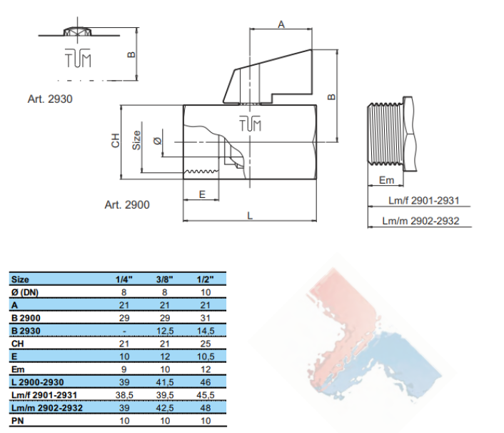 disegno tecnico minivalvola a sfera tiemme dimensioni raccordo femmina