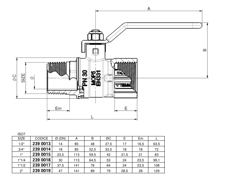 Disegno tecnico valvola a sfera gas TIEMME nichelata dimensioni 3 4 pollice filettatura maschio femmina