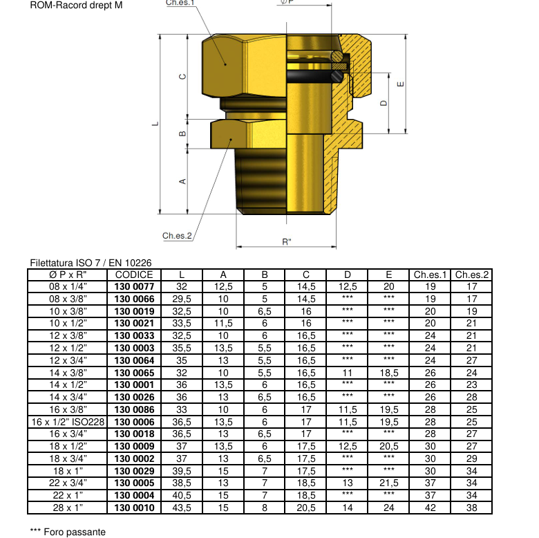 Disegno tecnico raccordo diritto a compressione TIEMME misure raccordo ottone