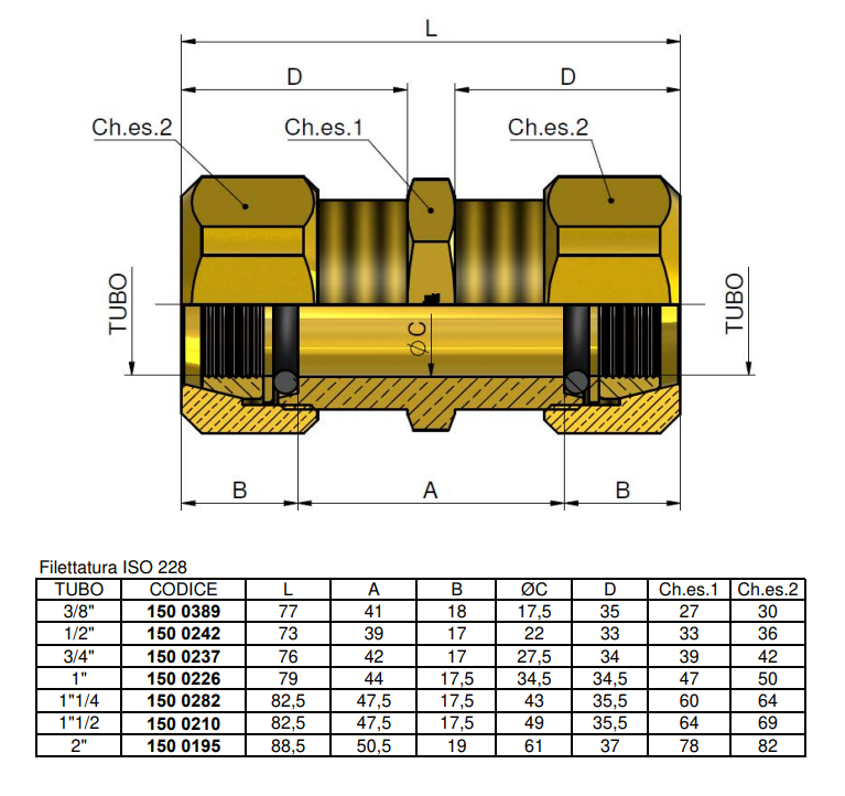 Schema tecnico raccordo a compressione doppio diritto Tiemme Steel Block tubo acciaio