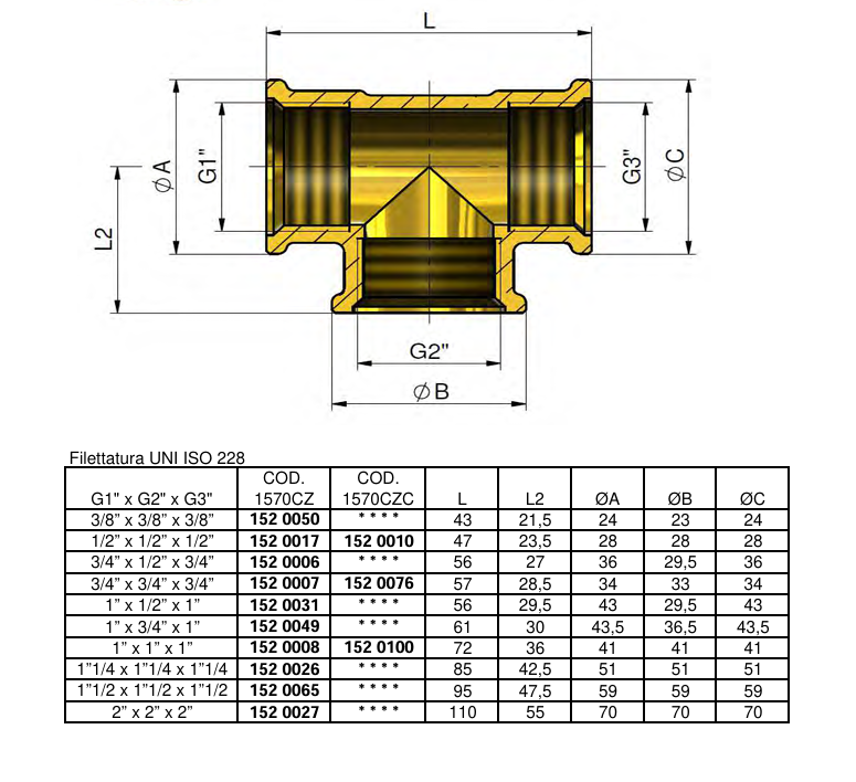 disegno tecnico raccordo Tiemme a t filettato femmina ottone