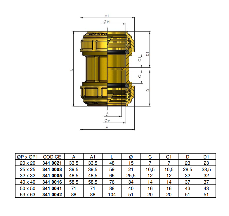 Disegno tecnico raccordo diritto doppio compressione per tubo PE PEHD PEX Tiemme con misure quotate