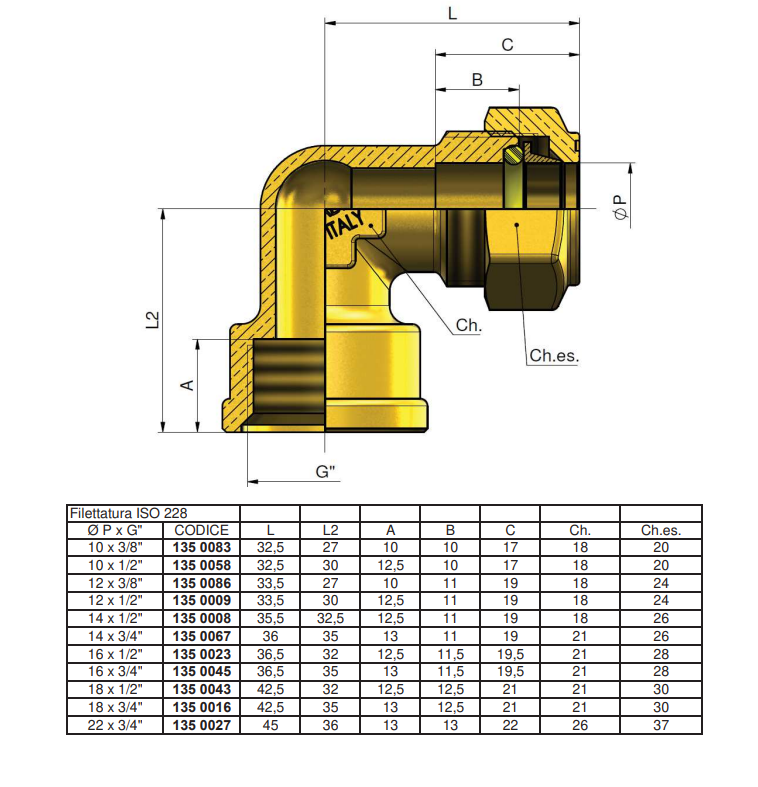 Disegno tecnico raccordo a compressione curvo TIEMME dimensioni e misure