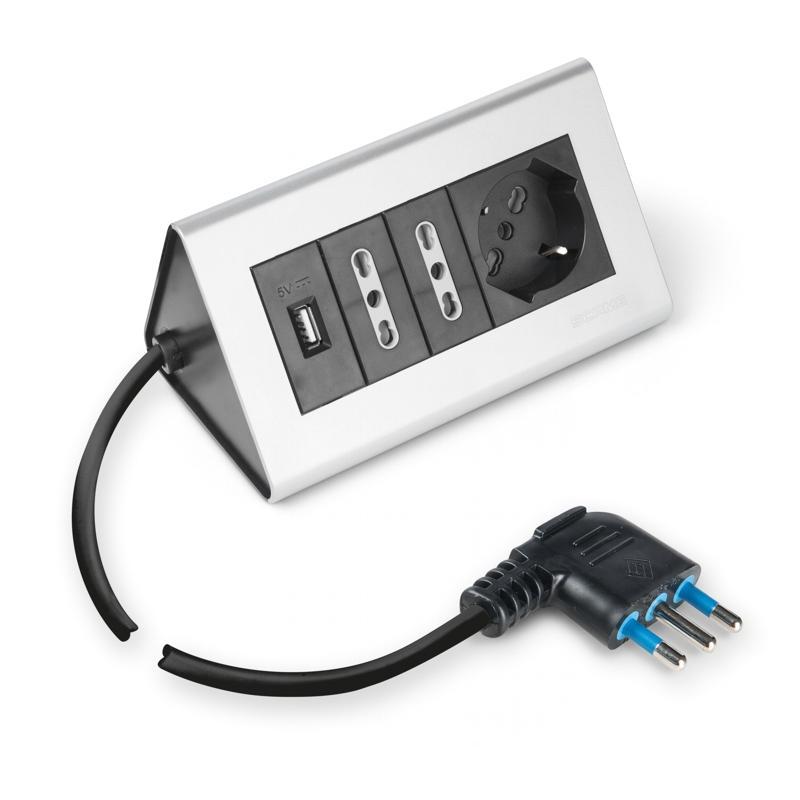 multipresa da scrivania nera con usb 16a scame blueline vista frontale con cavo e spina