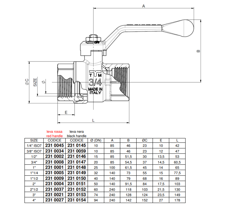 disegno tecnico valvola a sfera tiemme 4 pollici passaggio totale con misure e dimensioni quotate schema
