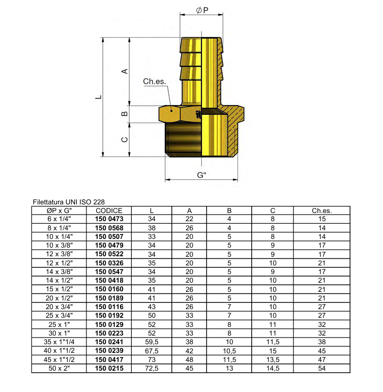 disegno tecnico raccordo portagomma TIEMME maschio ottone 40x1 1 2